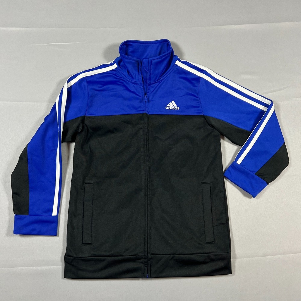 Adidas Zip Up Track Jacket Kids 7 Blue Black Colorblock Long Sleeve Mock Neck